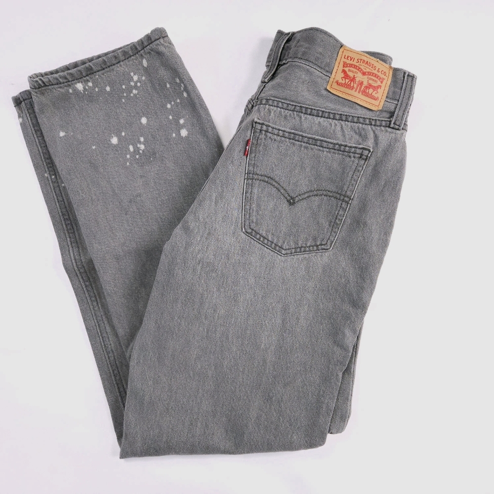 Levis Low Pro Grey Denim Jeans Womens 26 Straight Leg Mid Rise Splatter Bleach